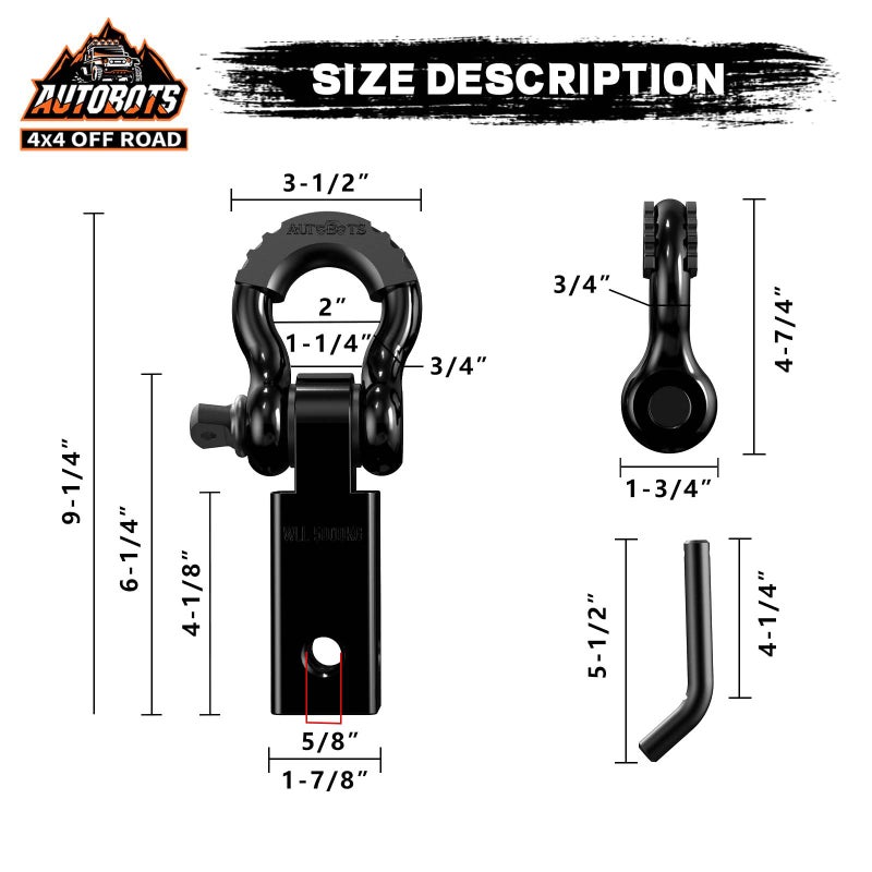 AUTOBOTS Tow Hitch Receiver 2", 45,000 Lbs Break Strength Shackle Hitch Receiver with 5/8" Hitch Pin, 3/4 D Ring Shackle, Towing Accessories for Truck Trailer Recovery Off-Road Black&Black - Image 4